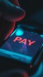 © Andrew - Digital Pay: A close-up of a finger tapping on a smartphone screen with 'PAY' displayed in bold red letters, highlighting the ease and convenience of modern mobile payments.