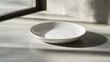 © cynz - A single matte white plate with smooth curves, sitting on a clean concrete countertop, bathed in soft light