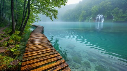 Wall Mural - Foggy lake with wooden pathway and waterfall.