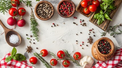 Wall Mural - Food ingredients on white background with various seasonings and vegetables.