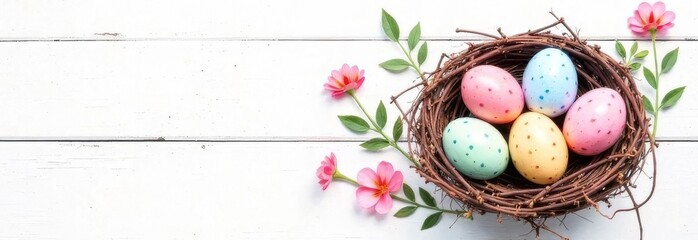 Nest of twigs with Easter eggs in pastel colors, spring flowers on a wooden background, space for advertising, text, words