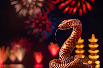 Wall Mural - Wooden Snake Figure with Fireworks at Night to Mark Start of Lunar New Year 2025 Celebration of Handcrafted Oriental Symbol