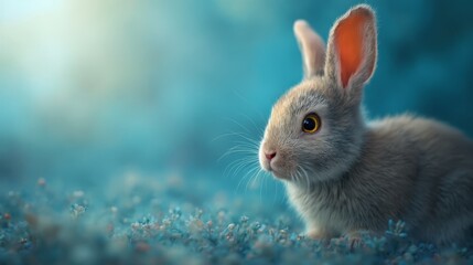 Wall Mural - A small gray rabbit sitting on a blue carpet