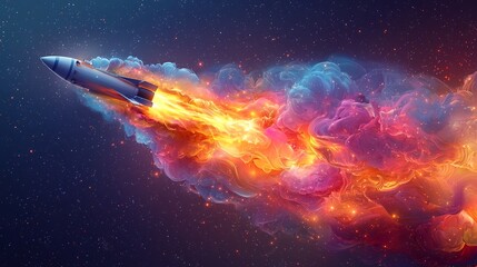 Wall Mural - cartoon rocket ship blasting off into space with colorful flames and smoke