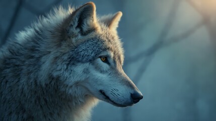 Canvas Print -  A close up of a wolf's face in the woods