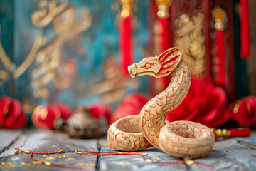 Wall Mural - Copy Space of a Chinese New Year Wooden Snake Figure with Temple Backdrop Surrounded by Lanterns, Cherry Blossoms, and Eastern Decor