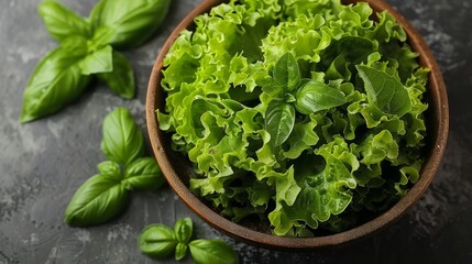 Wall Mural - Fresh green lettuce and basil leaves in a wooden bowl on a dark background.