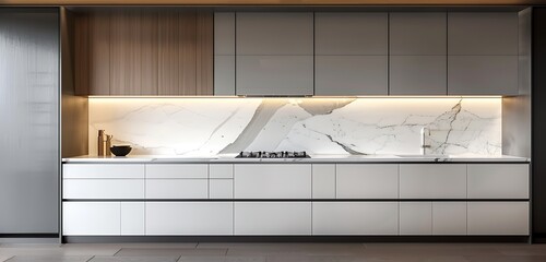 Wall Mural - A minimalist kitchen with a stunning white marble backsplash, enhancing the sleek, modern cabinetry.