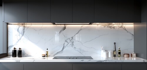 Wall Mural - A minimalist kitchen with a stunning white marble backsplash, enhancing the sleek, modern cabinetry.