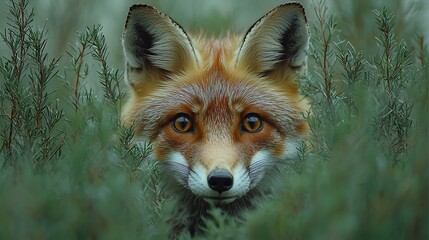 curious fox peeking from tall grass alert eyes symbolizing wildlife intelligence