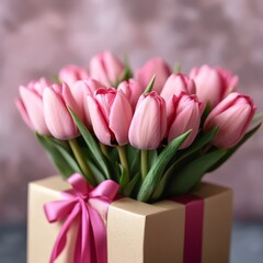 Wall Mural - Pink Tulips in a Gift Box:  A delicate bouquet of pink tulips, nestled in a gift box tied with a pink ribbon, evokes feelings of love, romance, and appreciation.