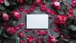 © Riz - Blank card surrounded by dark red roses and petals