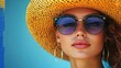 © aritha - A woman with sunglasses and a large straw hat poses against a vibrant blue background.