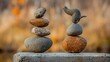 © milenialdesastudio - Two stone cairns, balanced rocks, zen garden, outdoor art, peaceful scene, stacking stones.