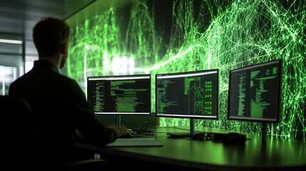 A person working late at night on multiple computer screens with glowing green abstract network lines behind them.