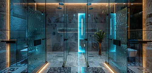 Wall Mural - Innovative washroom with glass partitions and RGB lighting, furnished with elegant tiles and marbles, creating a luxurious atmosphere.