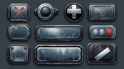 Game buttons and frames with metal border. Design elements and assets for user interface. Vector cartoon set of game ui elements, bars of health, coins and energy, check and cross marks and panels