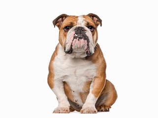 Wall Mural - english bulldog, 5 years old, sitting and looking at the camera showing a tooth, isolated on white, 