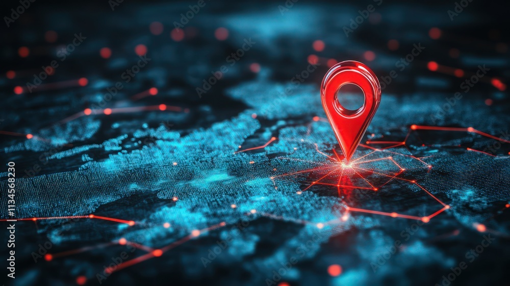 Destination Point With Line Red A glossy red location pin on a modern, digital world map, with dynamic ...