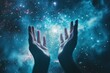 © ABDUL - Hands Reaching Toward a Glowing Galaxy in a Mystical Cosmic Scene with Stars and Nebulae Illuminating the Dark Space Background