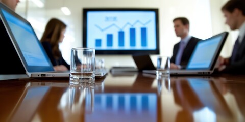 Poster - A skilled team is in a strategic planning session, analyzing growth data and discussing future goals in a modern conference room designed to boost productivity and foster innovation