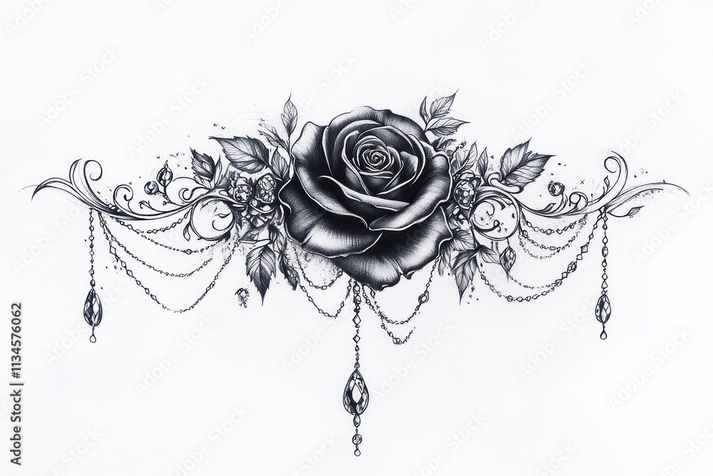Chains And Roses Monochrome rose tattoo design with ornate details and dangling chains ...