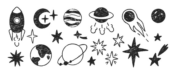 set of elements of space with planets, stars and sun. crayon, pencil or chalk texture. hand drawn ca