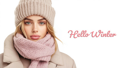 Wall Mural - hello winter banner with blonde woman in warm clothes on white background photo. fictional character