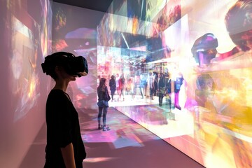 Aufkleber - Visitors engage with stunning virtual artworks and experience interactive avatars in a dynamic digital gallery space. Generative AI