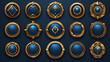 © Best_Seller - Blue game buttons, achievement badges with golden frames. Vector cartoon set of round icons with gold border in medieval style, circle award labels isolated on background
