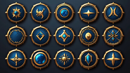 Blue game buttons, achievement badges with golden frames. Vector cartoon set of round icons with gold border in medieval style, circle award labels isolated on background