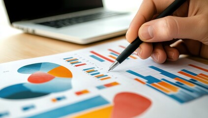 Poster - This closeup shows a hand gripping a pen analyzing colorful charts and graphs on a report, with a laptop in the background, highlighting themes of productivity and strategic planning