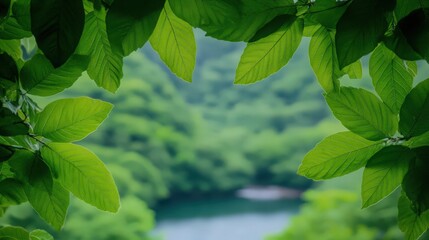 Wall Mural - A lush green forest with a lake in the background