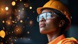 © familymedia - A focused engineer wearing protective glasses and a helmet looks ahead, illuminated by glowing sparks, symbolizing innovation and safety in industrial work.