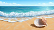 © Abu - Beautiful summer background with seashells on sandy beach and blue sea under a sunny sky
