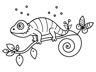 Chameleon coloring book for adults vector. coloring book for adults, contour chameleon on a branch isolated on a white background. Patterns and small details for coloring page