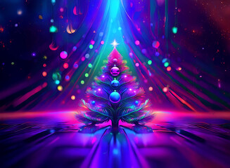 Poster - A vibrant, neon Christmas tree glows brightly, adorned with colorful ornaments and surrounded by a dazzling light show.  Falling baubles add to the festive spectacle.