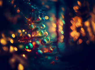 Poster - Enchanted Christmas scene: colorful ornaments adorn a branch, bathed in warm and cool bokeh lights, creating a magical, dreamlike atmosphere.