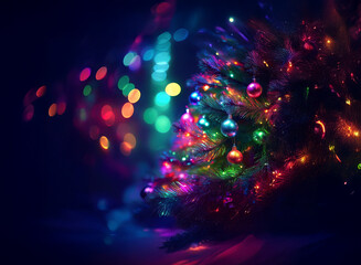 Poster - A vibrant, colorful Christmas tree glows brightly against a dark background, illuminated by multicolored lights creating a bokeh effect.  The tree is adorned with colorful ornaments, adding to the fes
