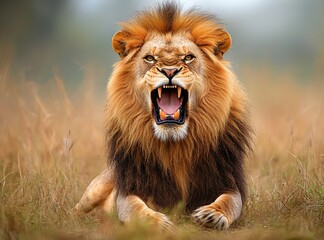 Poster - Majestic male lion roaring, lying in tall dry grass.