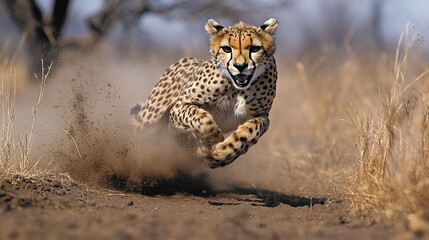 Wall Mural - Cheetah running fast, kicking up dust in savanna.