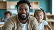 © familymedia - A cheerful father and daughter share a moment of happiness in a cozy indoor space, their smiles reflecting the depth of their familial connection and warmth.