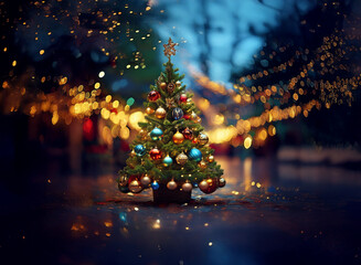 Poster - A beautifully decorated Christmas tree stands in a snowy, twilight setting, surrounded by twinkling lights and a magical atmosphere.  The scene evokes the wonder and joy of the holiday season.