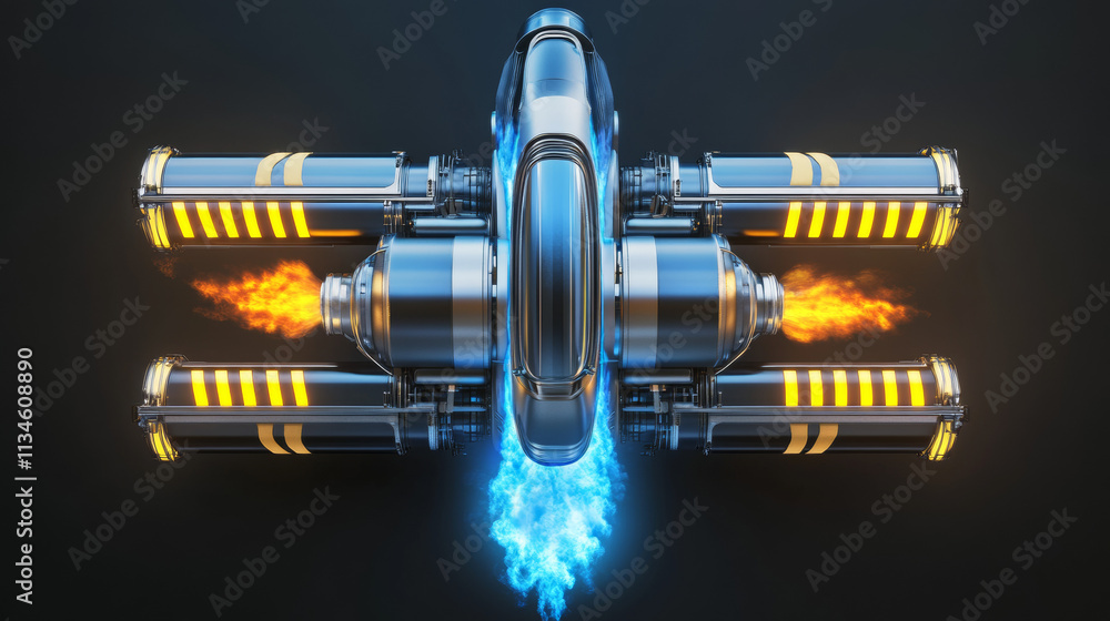 Jetpack with blue fire and yellow stripes on wings, top and bottom view ...