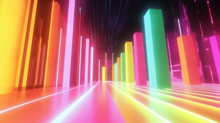 Aufkleber - Colorful Abstract 3D Bar Graphs with Light Rays and Neon Glow Effects