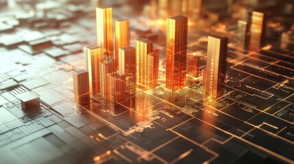 Poster - Futuristic Cityscape with Golden Skyscrapers and Digital Elements