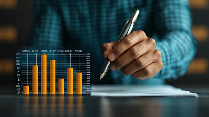 Poster - business executive analyzing economic development data with pen, showcasing bar graph on document. focus is on strategic planning and financial growth