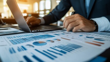 Poster - Businessman Working on Laptop with Financial Charts and Reports