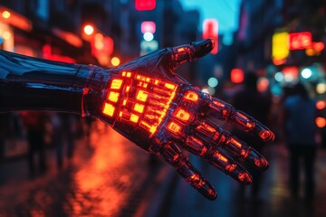 Wall Mural - Robotic Hand Reaching Out in City at Night