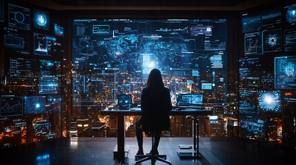 Poster - business leader analyzing real time data analytics in modern office with city views. high tech environment showcases multiple screens displaying data visualizations